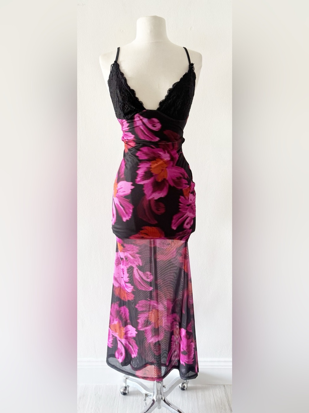 NEW Shein Purple & Black Floral Mesh Strappy Back Maxi Dress Size XS